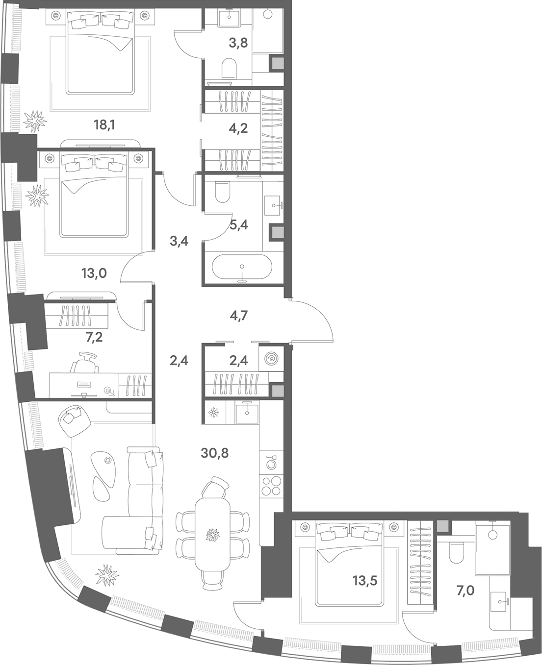 Планировка евро-4 (4Е) 115.9 м² в ЖК «Энигмия», корпус 1