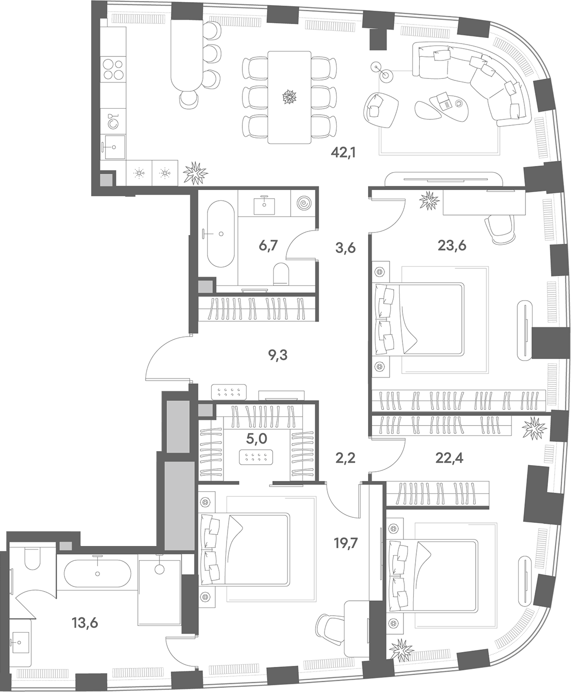 Планировка евро-4 (4Е) 148.2 м² в ЖК «Энигмия», корпус 2