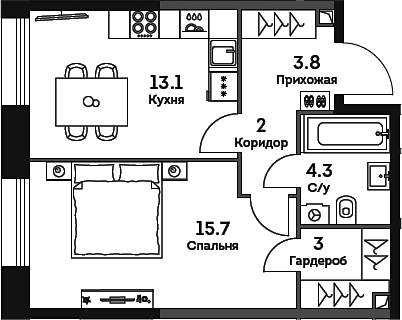 Планировка однокомнатная 41.9 м² в ЖК «ЭРА», корпус 1