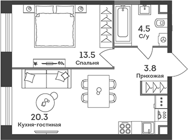 Планировка евродвушка (2Е) 42.1 м² в ЖК «ЭРА», корпус 6