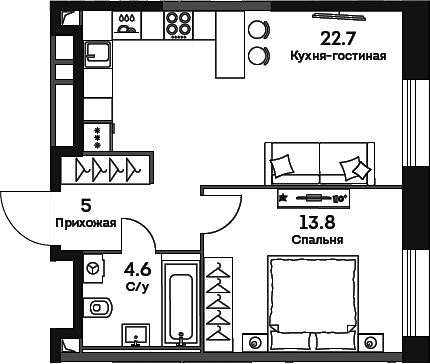 Планировка евродвушка (2Е) 46.1 м² в ЖК «ЭРА», корпус 1
