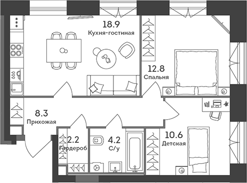 Планировка евротрёшка (3Е) 57 м² в ЖК «ЭРА», корпус 5