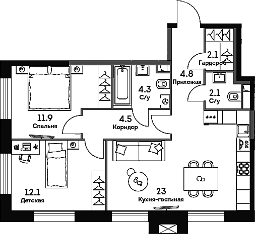 Планировка евротрёшка (3Е) 65.8 м² в ЖК «ЭРА», корпус 2