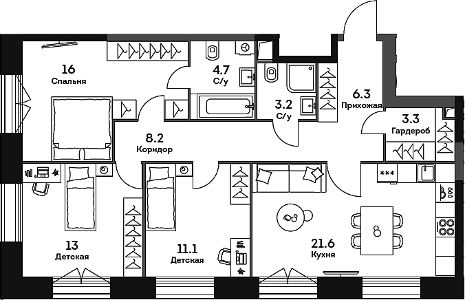 Планировка трёхкомнатная 87.4 м² в ЖК «ЭРА», корпус 3
