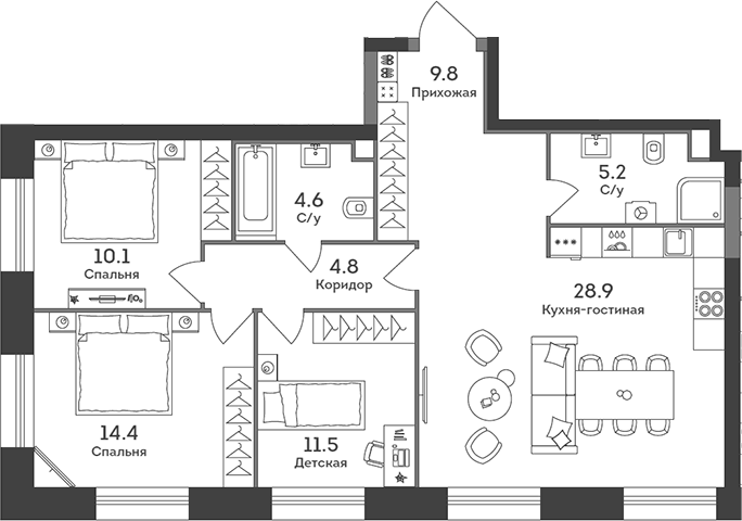 Планировка евро-4 (4Е) 89.3 м² в ЖК «ЭРА», корпус 5