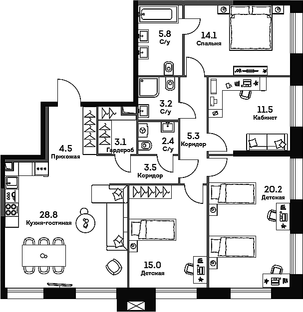 Планировка 5Е-к.кв 119.4 м² в ЖК «ЭРА», корпус 2