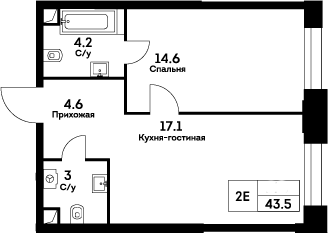 Планировка евродвушка (2Е) 43.5 м² в ЖК «ЭВЕР», корпус 4