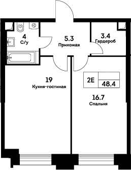 Планировка евродвушка (2Е) 48.4 м² в ЖК «ЭВЕР», корпус 6