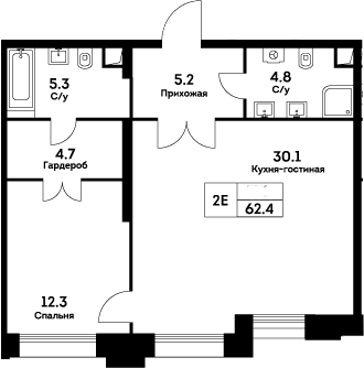 Планировка евродвушка (2Е) 62.4 м² в ЖК «ЭВЕР», корпус 6