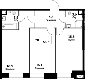 Планировка двухкомнатная 63.5 м² в ЖК «ЭВЕР», корпус 5