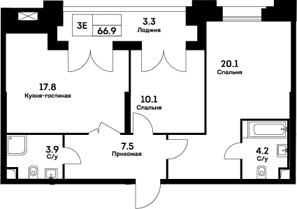 Планировка евротрёшка (3Е) 66.9 м² в ЖК «ЭВЕР», корпус 6