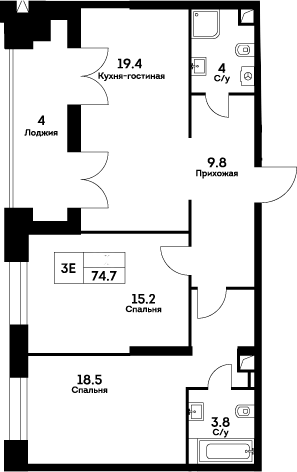 Планировка евротрёшка (3Е) 74.7 м² в ЖК «ЭВЕР», корпус 4