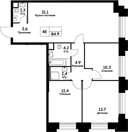 Планировка евро-4 (4Е) 84.9 м² в ЖК «ЭВЕР», корпус 6