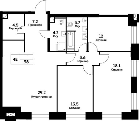 Планировка евро-4 (4Е) 98 м² в ЖК «ЭВЕР», корпус 4