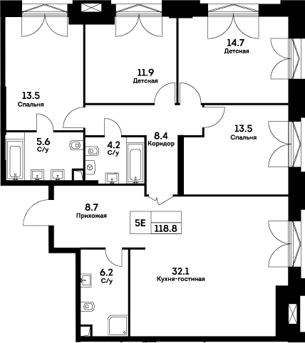 Планировка 5Е-к.кв 118.8 м² в ЖК «ЭВЕР», корпус 5