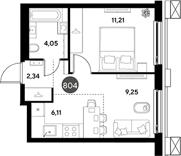 Планировка евродвушка (2Е) 32.96 м² в ЖК «ЭВО», корпус 15