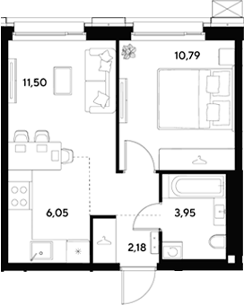 Планировка евродвушка (2Е) 34.47 м² в ЖК «ЭВО», корпус 17