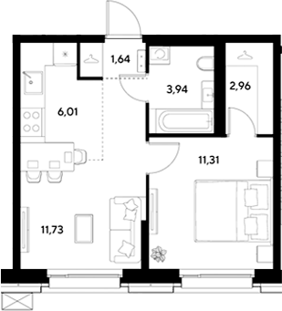 Планировка евродвушка (2Е) 37.59 м² в ЖК «ЭВО», корпус 17