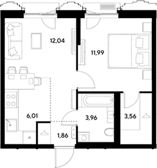 Планировка евродвушка (2Е) 39.42 м² в ЖК «ЭВО», корпус 17