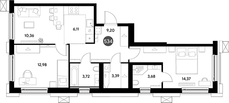 Планировка евротрёшка (3Е) 63.81 м² в ЖК «ЭВО», корпус 16.1