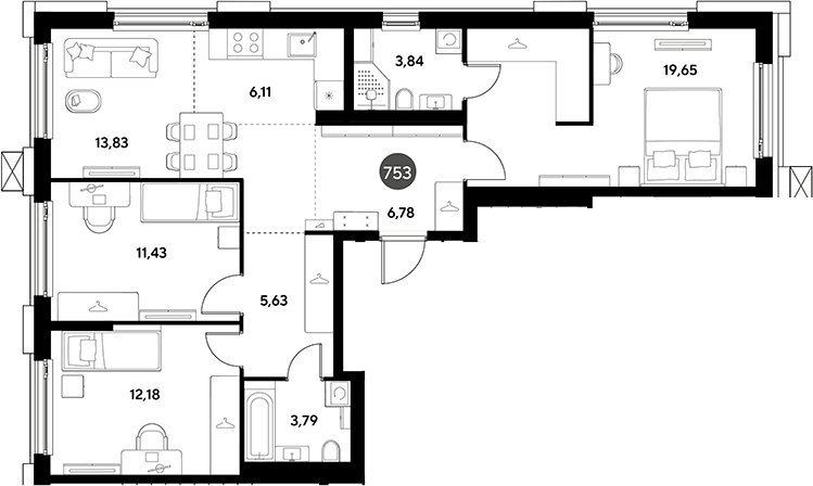 Планировка евро-4 (4Е) 83.24 м² в ЖК «ЭВО», корпус 15