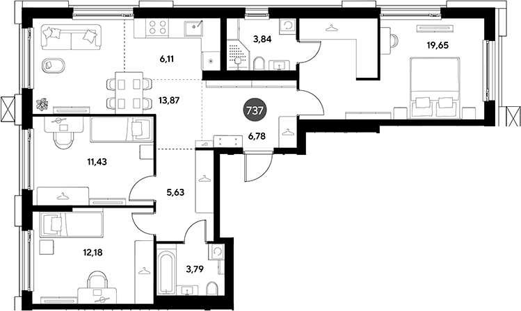 Планировка евро-4 (4Е) 83.28 м² в ЖК «ЭВО», корпус 15