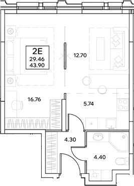 Планировка евродвушка (2Е) 43.9 м² в ЖК «ЭВОПАРК Измайлово», корпус 1
