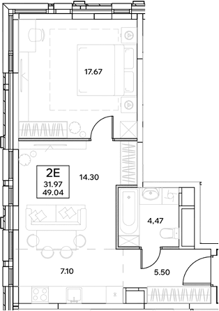 Планировка евродвушка (2Е) 49.04 м² в ЖК «ЭВОПАРК Измайлово», корпус 1