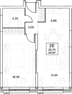 Планировка евродвушка (2Е) 49.87 м² в ЖК «ЭВОПАРК Измайлово», корпус 1