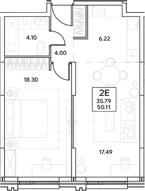 Планировка евродвушка (2Е) 50.11 м² в ЖК «ЭВОПАРК Измайлово», корпус 1