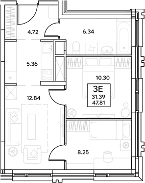 Планировка евротрёшка (3Е) 47.81 м² в ЖК «ЭВОПАРК Измайлово», корпус 1