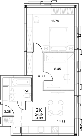 Планировка евротрёшка (3Е) 51.09 м² в ЖК «ЭВОПАРК Измайлово», корпус 1