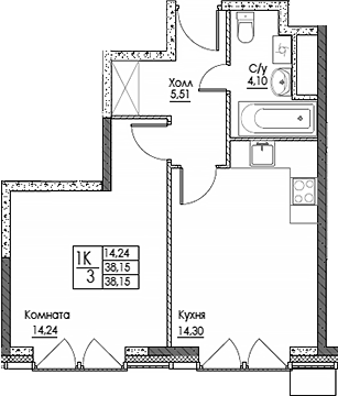 Планировка однокомнатная 38.15 м² в ЖК «ЭВОПАРК Сокольники», корпус 1