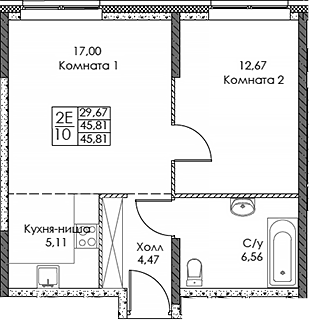 Планировка евродвушка (2Е) 45.81 м² в ЖК «ЭВОПАРК Сокольники», корпус 1