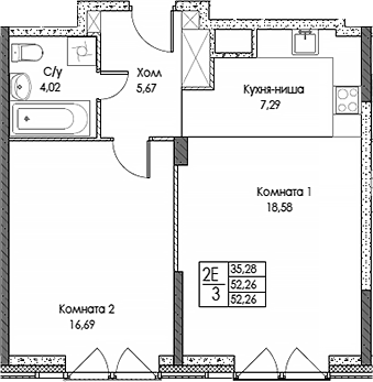 Планировка евродвушка (2Е) 52.26 м² в ЖК «ЭВОПАРК Сокольники», корпус 1