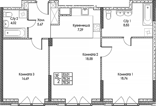 Планировка евротрёшка (3Е) 79.84 м² в ЖК «ЭВОПАРК Сокольники», корпус 1