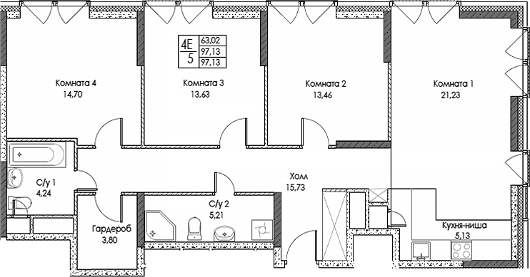 Планировка евро-4 (4Е) 97.13 м² в ЖК «ЭВОПАРК Сокольники», корпус 2