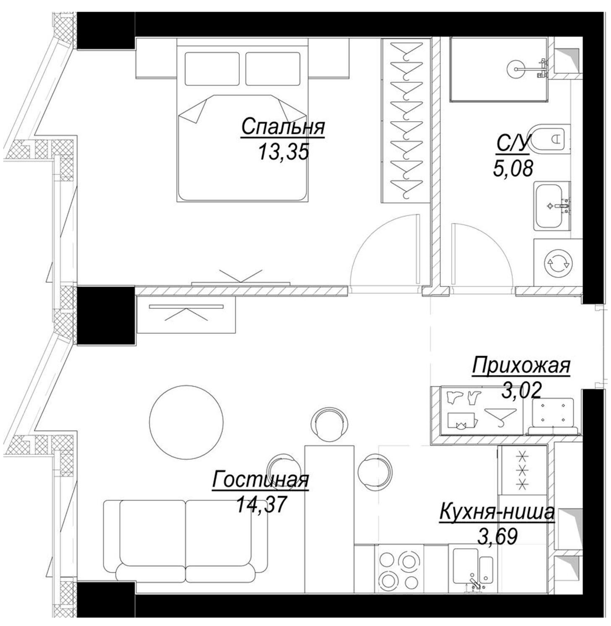 Планировка евродвушка (2Е) 39.51 м² в ЖК «Феймос», корпус 1