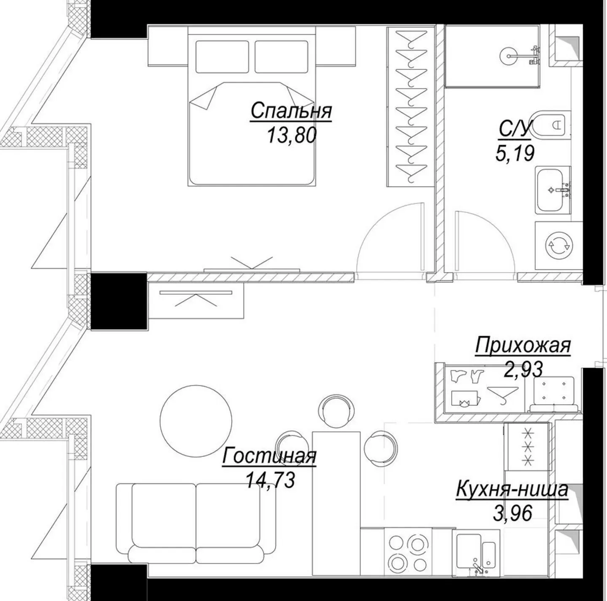 Планировка евродвушка (2Е) 40.61 м² в ЖК «Феймос», корпус 1