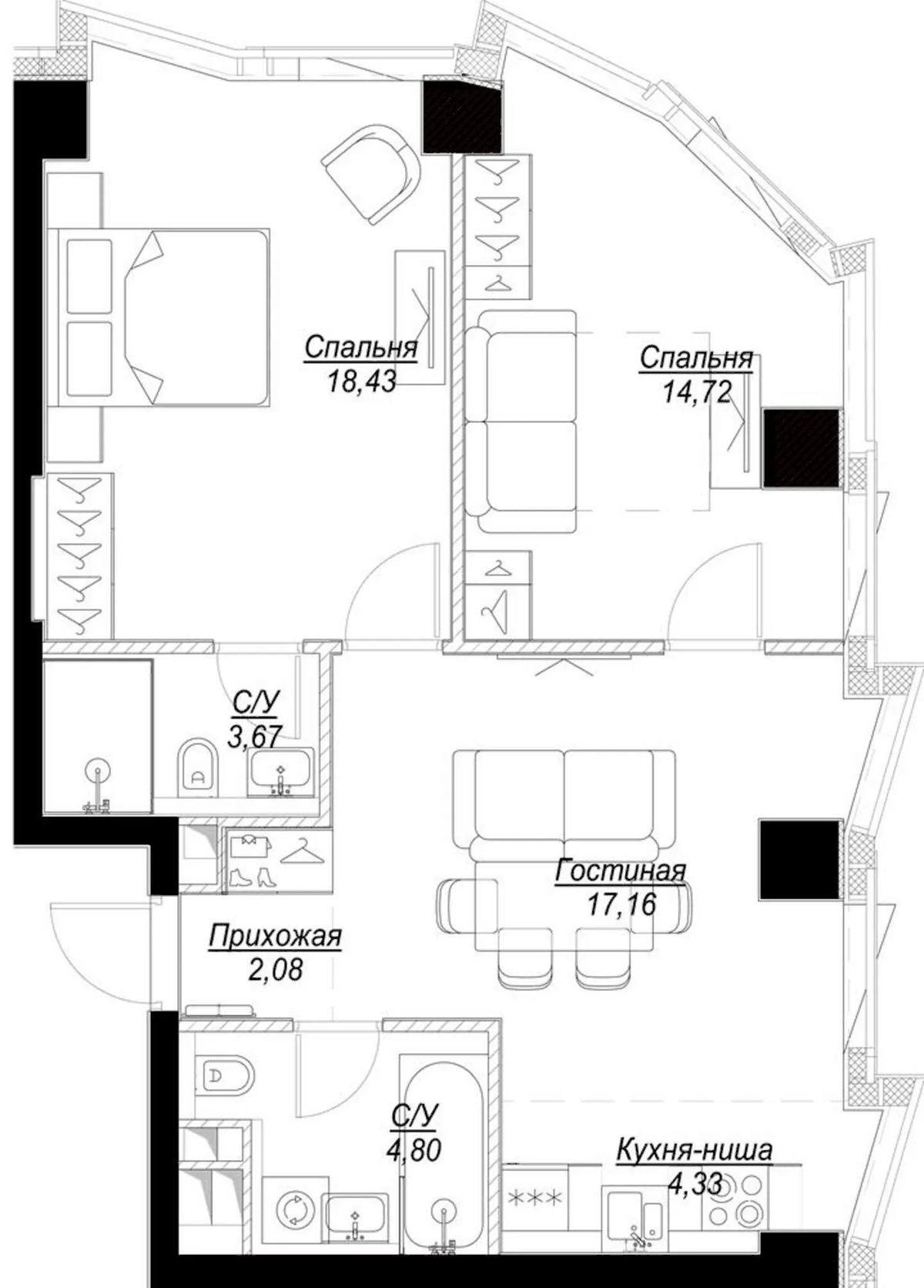 Планировка евротрёшка (3Е) 65.19 м² в ЖК «Феймос», корпус 1