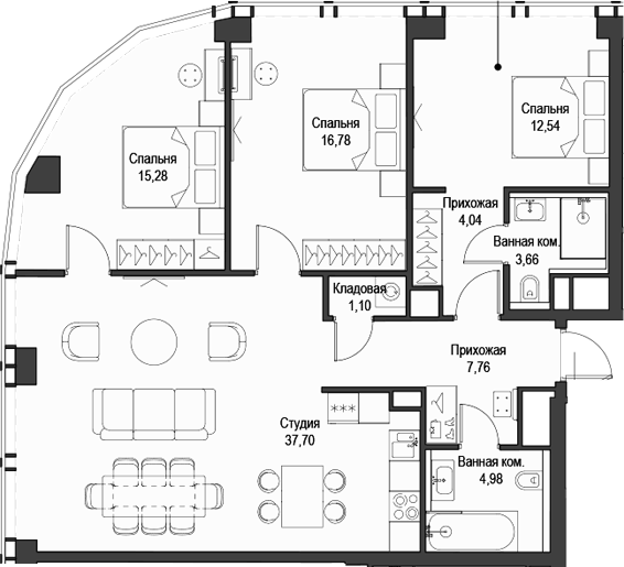 Планировка евро-4 (4Е) 103.84 м² в ЖК «Феймос», корпус 1