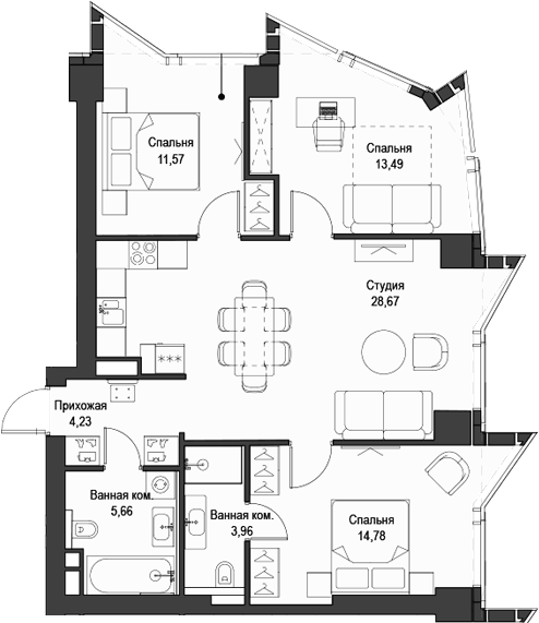 Планировка евро-4 (4Е) 82.36 м² в ЖК «Феймос», корпус 1