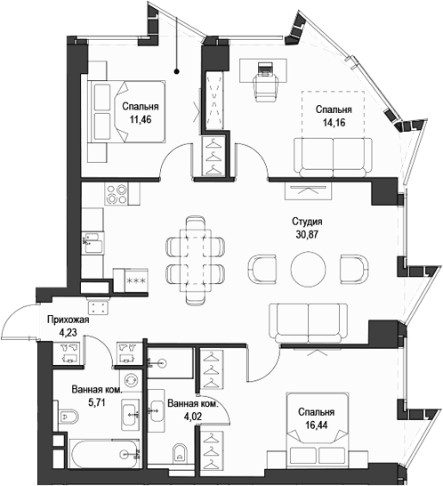 Планировка евро-4 (4Е) 86.89 м² в ЖК «Феймос», корпус 1