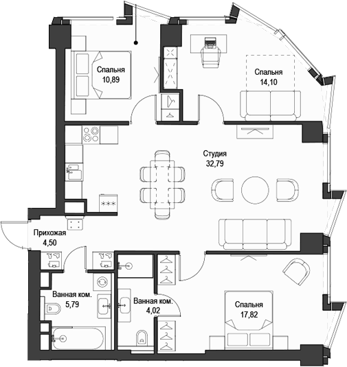 Планировка евро-4 (4Е) 89.91 м² в ЖК «Феймос», корпус 1