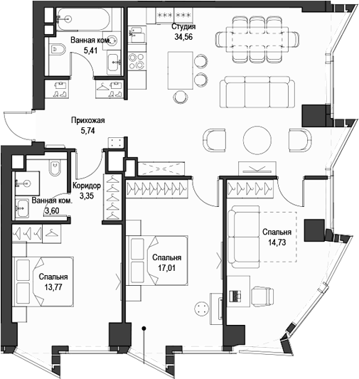 Планировка евро-4 (4Е) 98.17 м² в ЖК «Феймос», корпус 1