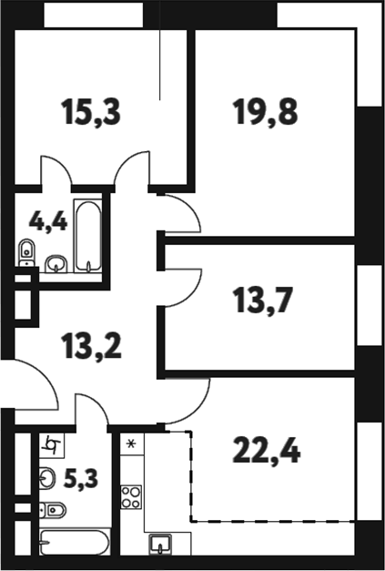 Планировка евро-4 (4Е) 94.1 м² в ЖК «Фестиваль Парк 2», корпус 24.1
