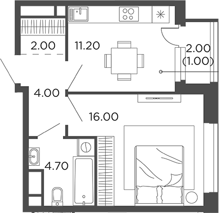 Планировка однокомнатная 38.9 м² в ЖК «Филатов Луг», корпус 6