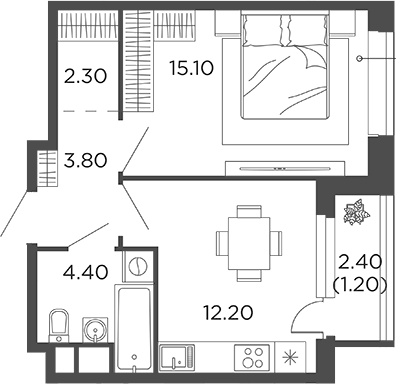 Планировка однокомнатная 39 м² в ЖК «Филатов Луг», корпус 6