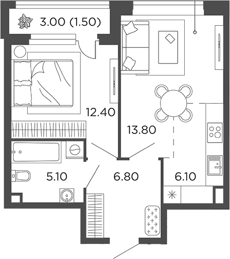 Планировка евродвушка (2Е) 45.7 м² в ЖК «Филатов Луг», корпус 6