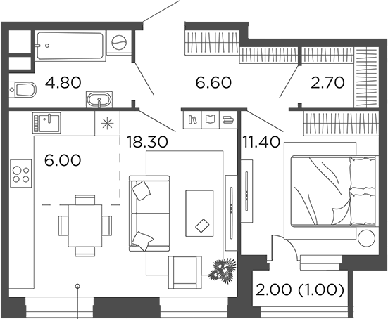 Планировка евродвушка (2Е) 50.8 м² в ЖК «Филатов Луг», корпус 6